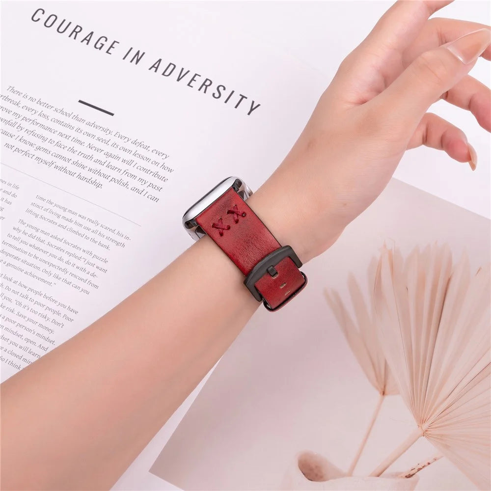 Watch Strap for Apple Watch Series 11 10 42mm / 9 8 7 41mm / SE3 SE2 SE 6 5 4 40mm / 3 2 1 38mm Hand Stitched Lines Genuine Cow Leather Band - Red - 3