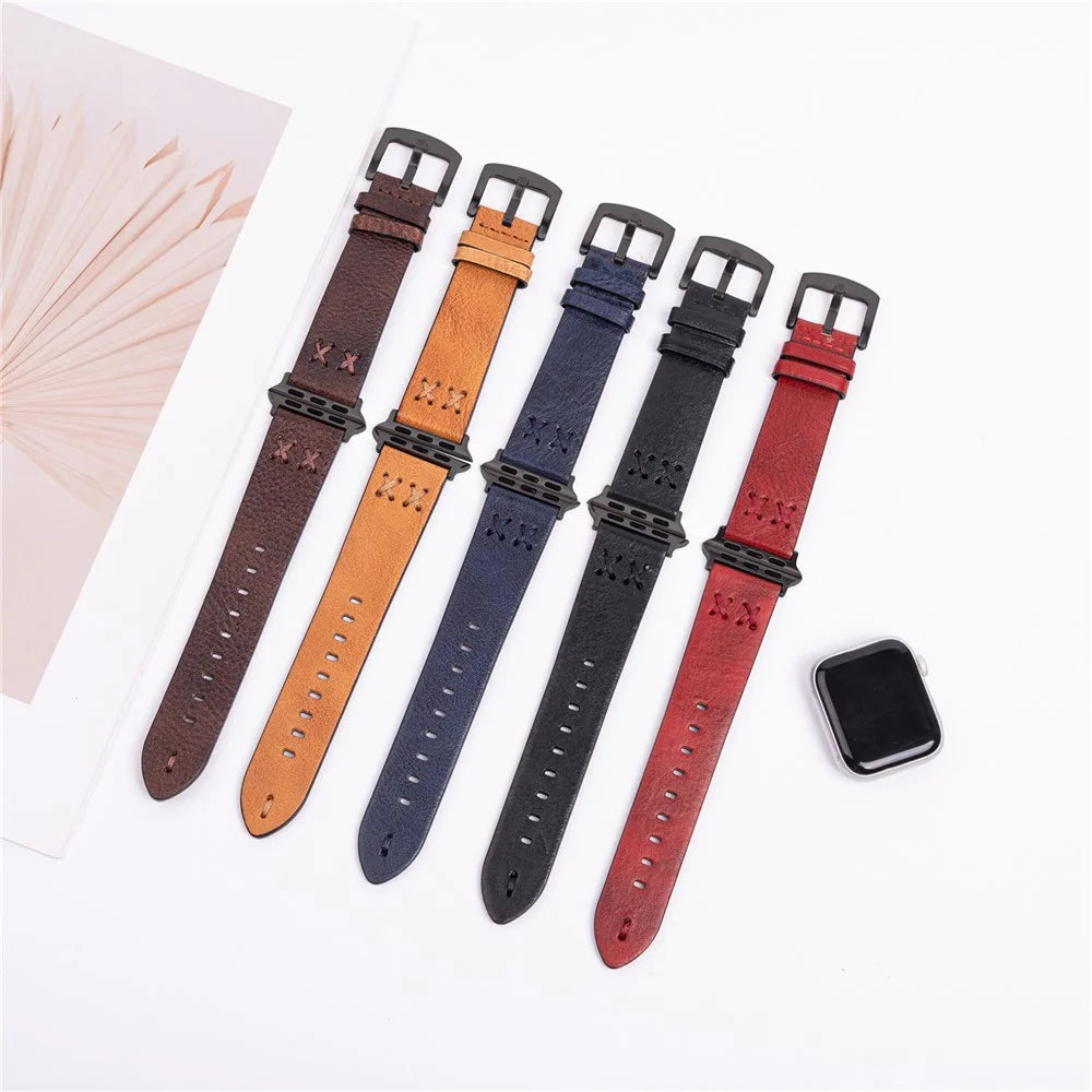 Watch Strap for Apple Watch Series 11 10 42mm / 9 8 7 41mm / SE3 SE2 SE 6 5 4 40mm / 3 2 1 38mm Hand Stitched Lines Genuine Cow Leather Band - Red - 4