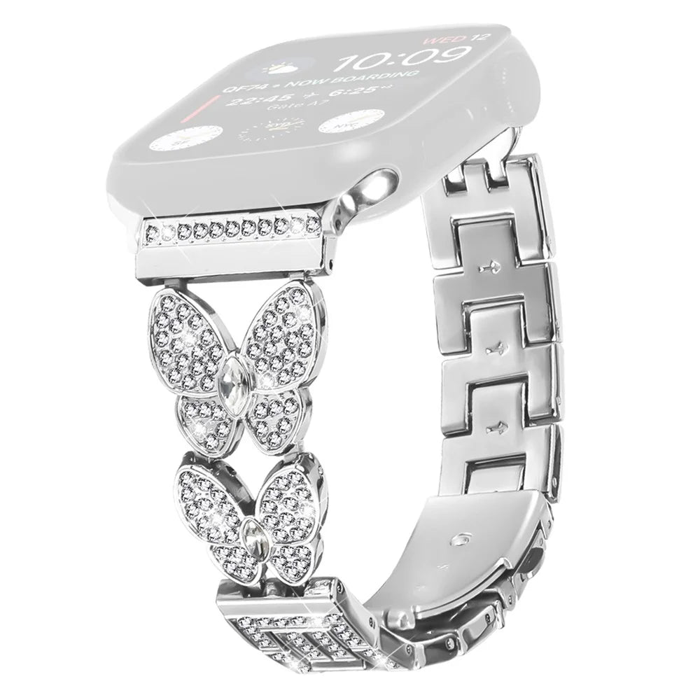 Watch Band For Apple Watch Ultra 3 2 1 49mm / Series 11 10 46mm / 9 8 7 45mm / SE3 SE2 SE 6 5 4 44mm / 3 2 1 42mm Butterfly Rhinestones Decor Silver Alloy Metal Strap - 1