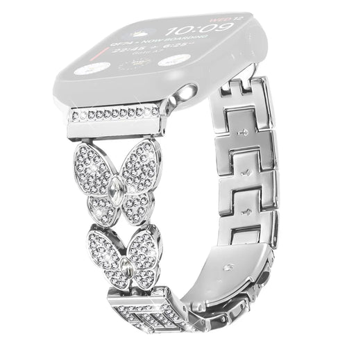 Watch Band For Apple Watch Ultra 3 2 1 49mm / Series 11 10 46mm / 9 8 7 45mm / SE3 SE2 SE 6 5 4 44mm / 3 2 1 42mm Butterfly Rhinestones Decor Silver Alloy Metal Strap - 1