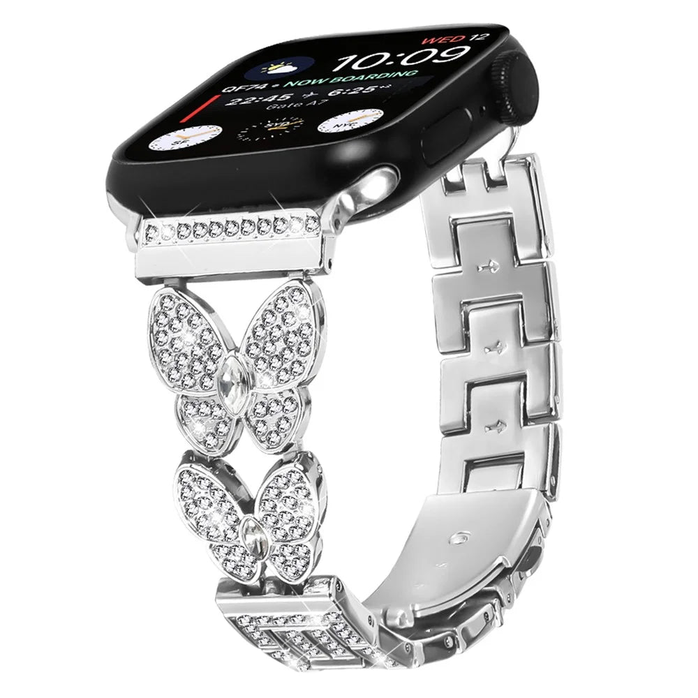 Watch Band For Apple Watch Ultra 3 2 1 49mm / Series 11 10 46mm / 9 8 7 45mm / SE3 SE2 SE 6 5 4 44mm / 3 2 1 42mm Butterfly Rhinestones Decor Silver Alloy Metal Strap - 2