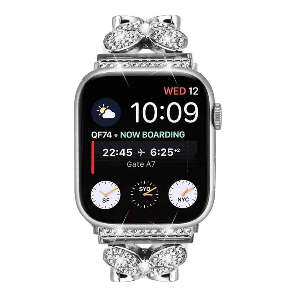 Watch Band For Apple Watch Ultra 3 2 1 49mm / Series 11 10 46mm / 9 8 7 45mm / SE3 SE2 SE 6 5 4 44mm / 3 2 1 42mm Butterfly Rhinestones Decor Silver Alloy Metal Strap - 3