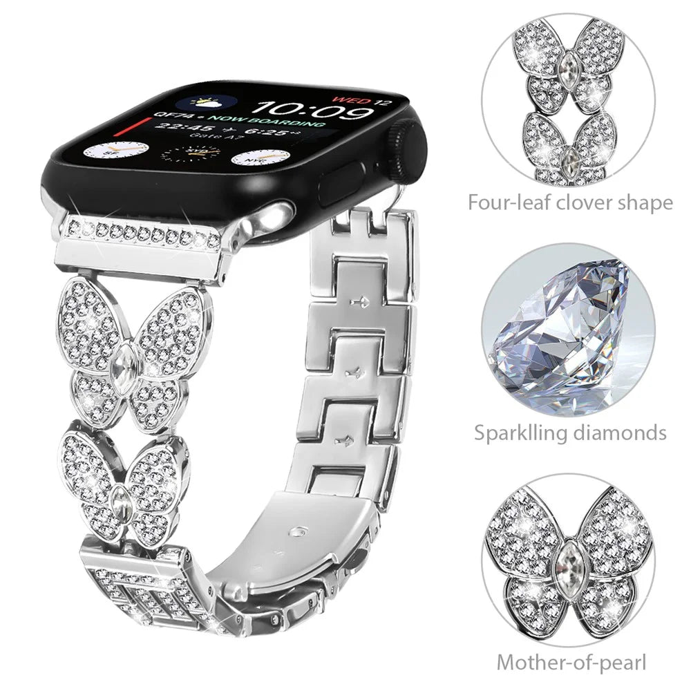 Watch Band For Apple Watch Ultra 3 2 1 49mm / Series 11 10 46mm / 9 8 7 45mm / SE3 SE2 SE 6 5 4 44mm / 3 2 1 42mm Butterfly Rhinestones Decor Silver Alloy Metal Strap - 4