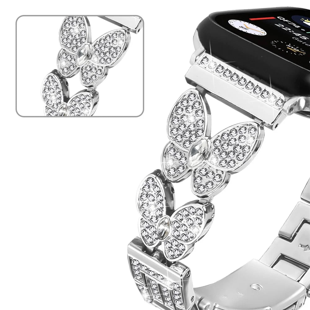 Watch Band For Apple Watch Ultra 3 2 1 49mm / Series 11 10 46mm / 9 8 7 45mm / SE3 SE2 SE 6 5 4 44mm / 3 2 1 42mm Butterfly Rhinestones Decor Silver Alloy Metal Strap - 5