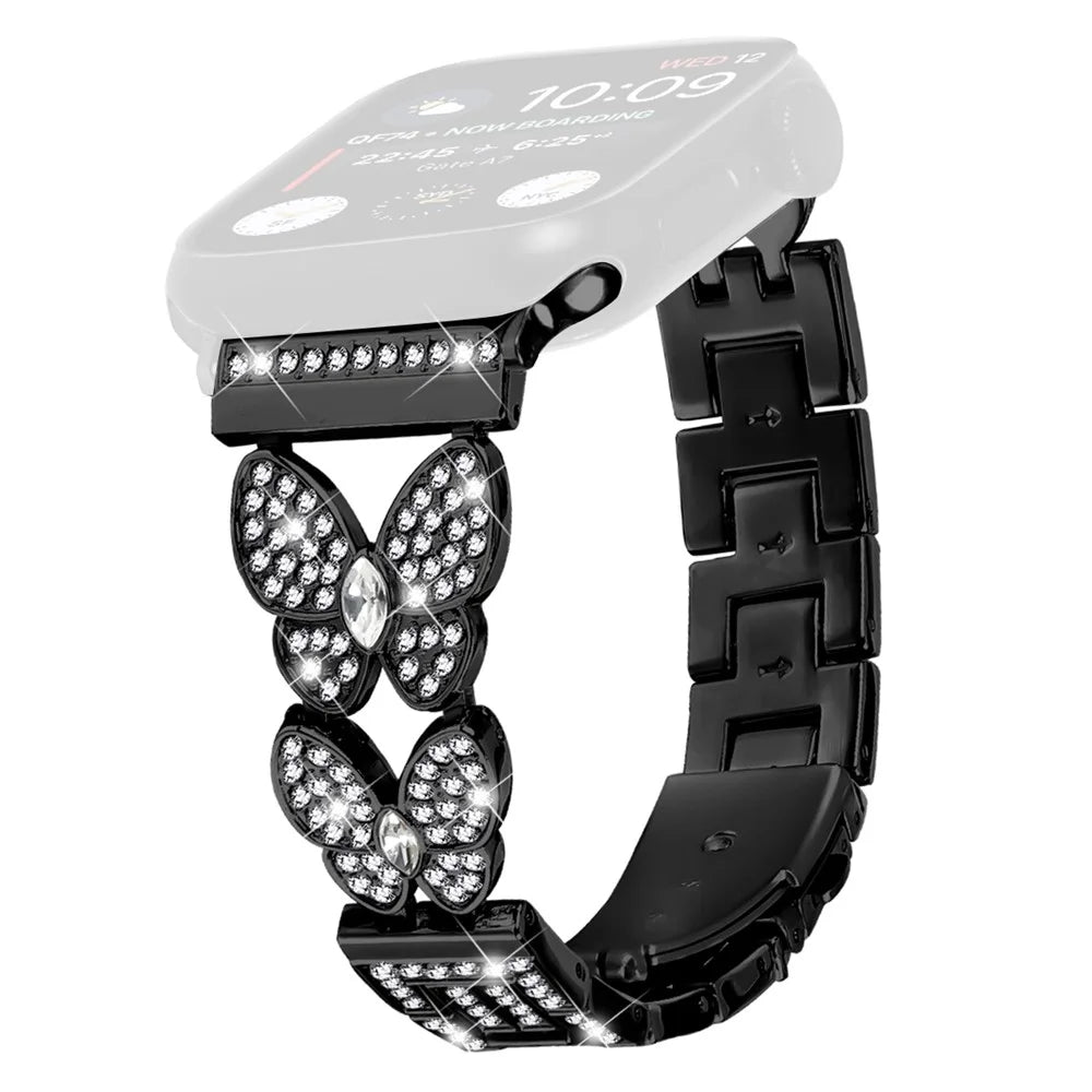 Watch Band For Apple Watch Ultra 3 2 1 49mm / Series 11 10 46mm / 9 8 7 45mm / SE3 SE2 SE 6 5 4 44mm / 3 2 1 42mm Butterfly Rhinestones Decor Alloy Metal Strap - Black - 1