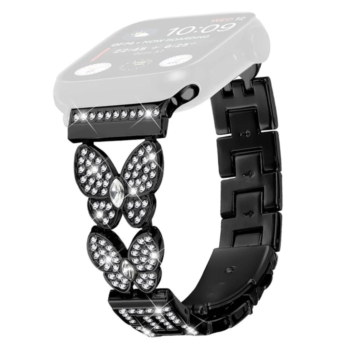 Watch Band For Apple Watch Ultra 3 2 1 49mm / Series 11 10 46mm / 9 8 7 45mm / SE3 SE2 SE 6 5 4 44mm / 3 2 1 42mm Butterfly Rhinestones Decor Alloy Metal Strap - Black - 1