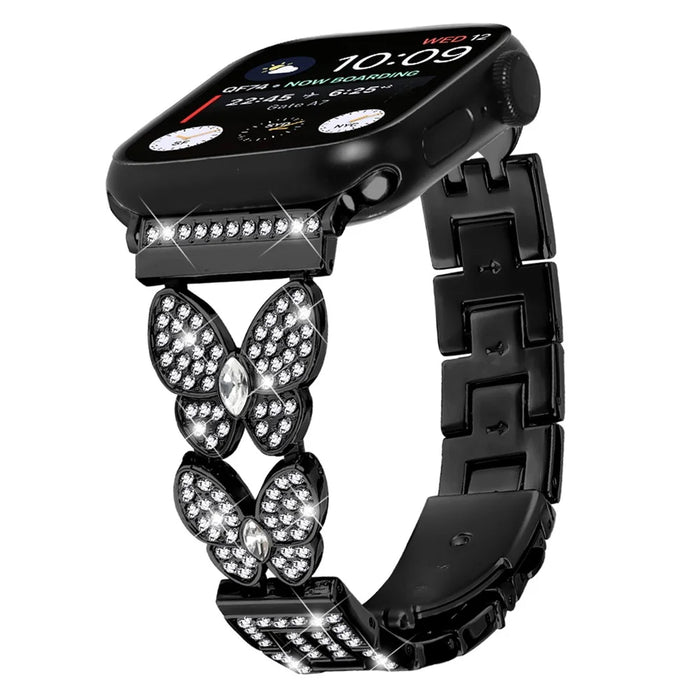 Watch Band For Apple Watch Ultra 3 2 1 49mm / Series 11 10 46mm / 9 8 7 45mm / SE3 SE2 SE 6 5 4 44mm / 3 2 1 42mm Butterfly Rhinestones Decor Alloy Metal Strap - Black - 2