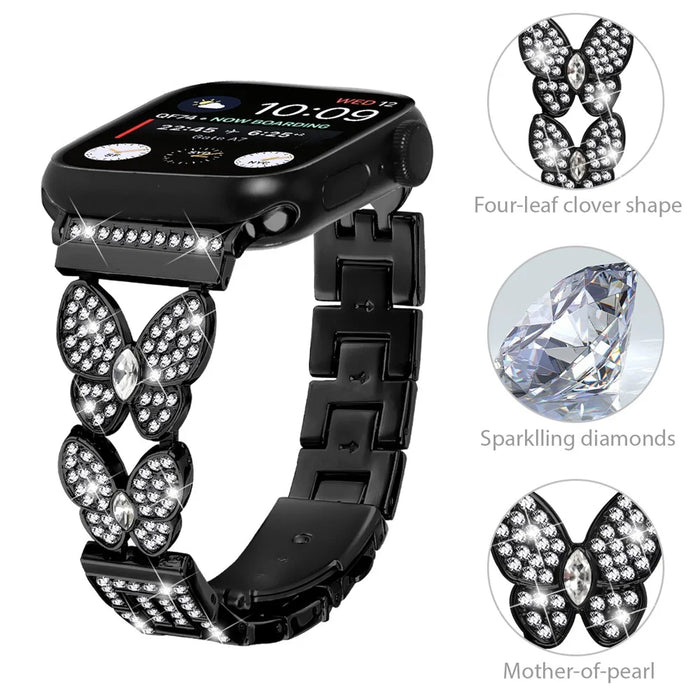 Watch Band For Apple Watch Ultra 3 2 1 49mm / Series 11 10 46mm / 9 8 7 45mm / SE3 SE2 SE 6 5 4 44mm / 3 2 1 42mm Butterfly Rhinestones Decor Alloy Metal Strap - Black - 4