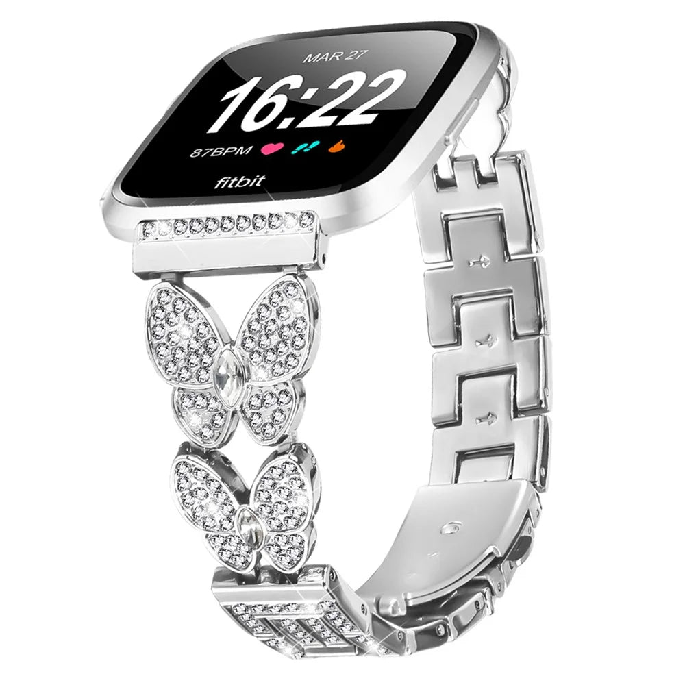 For Fitbit Versa / Versa 2 Watch Band Butterfly Rhinestones Decor Silver Alloy Metal Strap - 2