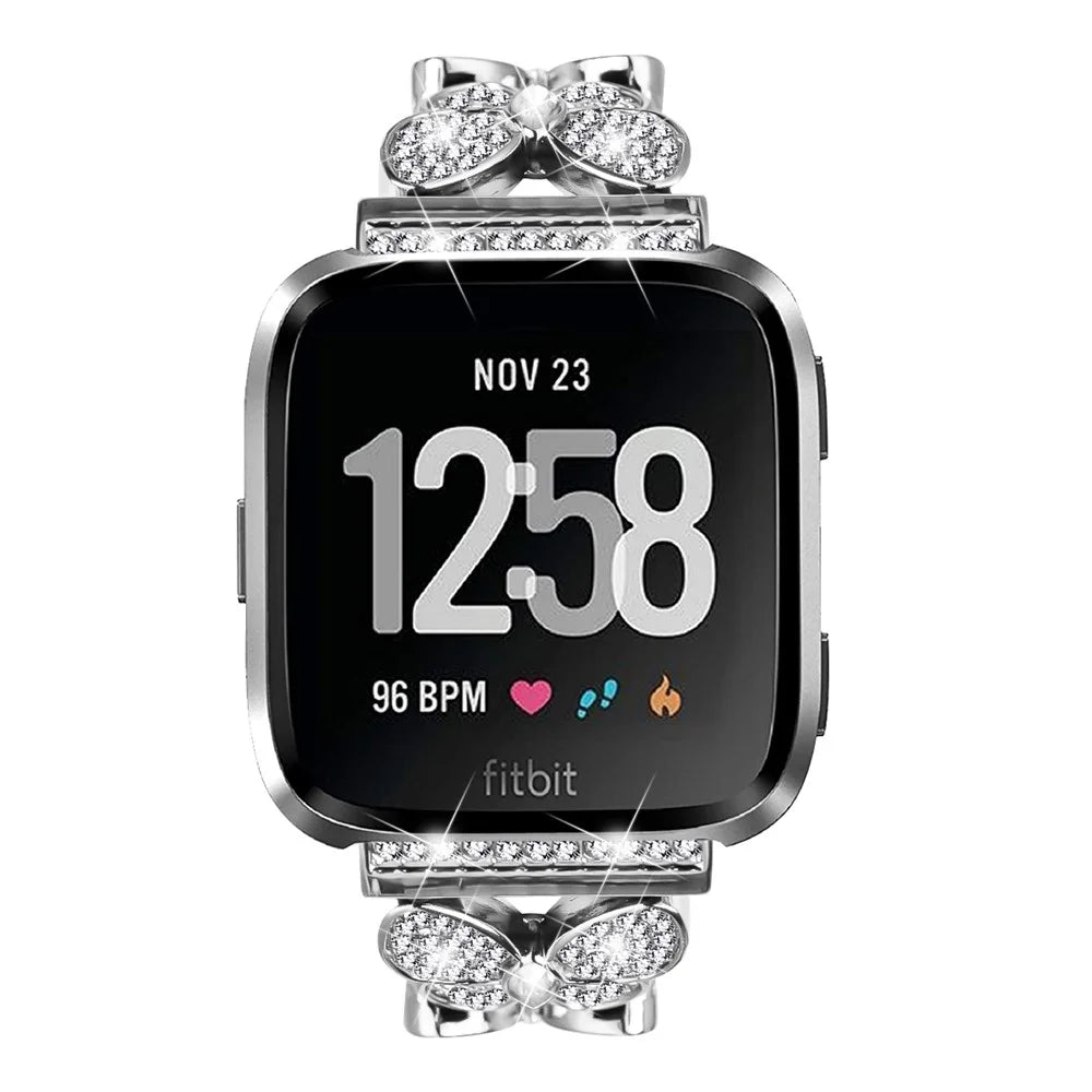 For Fitbit Versa / Versa 2 Watch Band Butterfly Rhinestones Decor Silver Alloy Metal Strap - 3