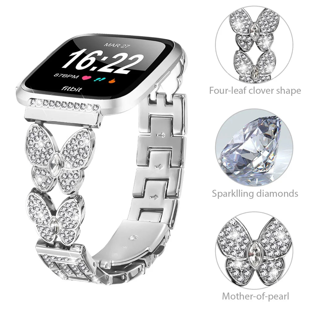 For Fitbit Versa / Versa 2 Watch Band Butterfly Rhinestones Decor Silver Alloy Metal Strap - 4