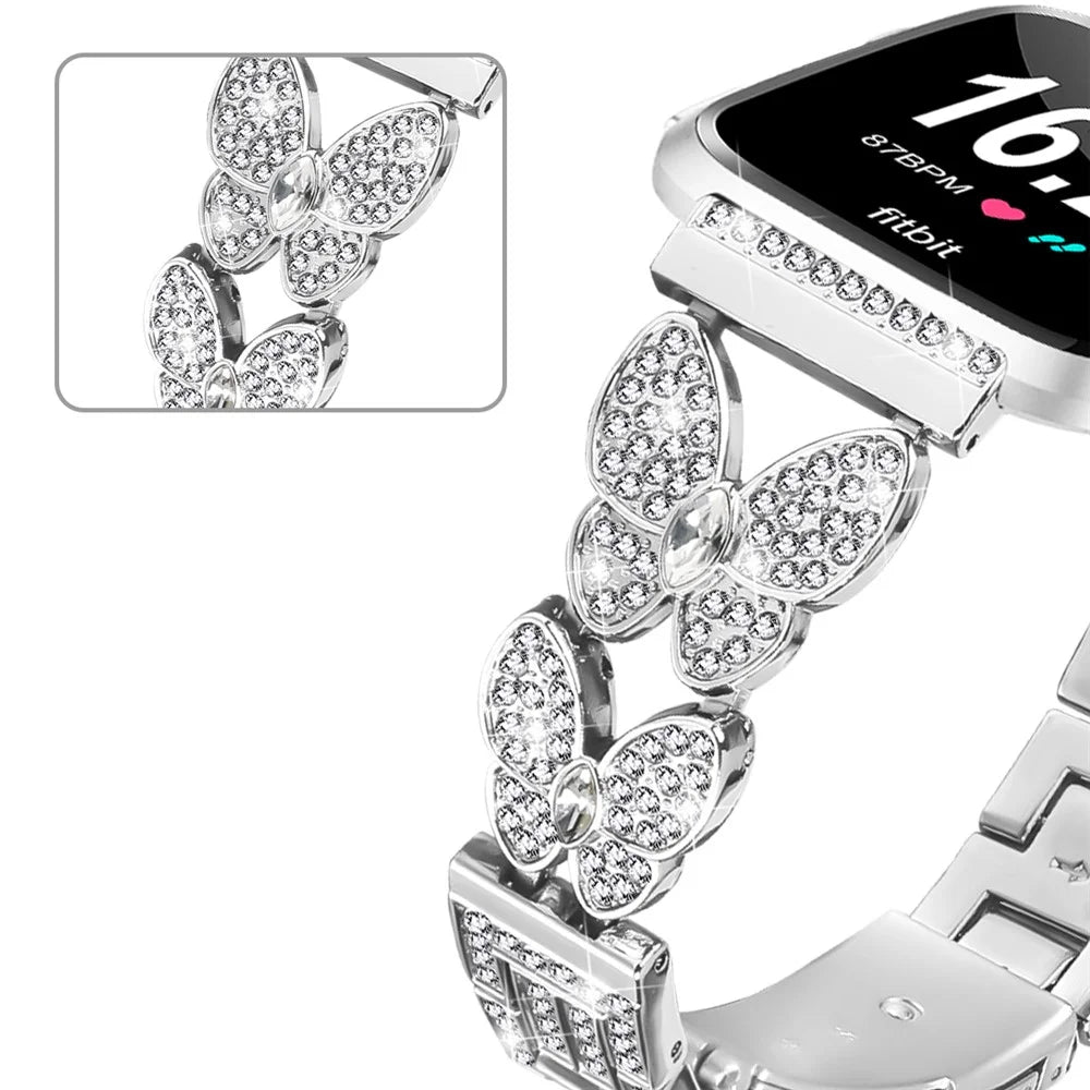 For Fitbit Versa / Versa 2 Watch Band Butterfly Rhinestones Decor Silver Alloy Metal Strap - 5