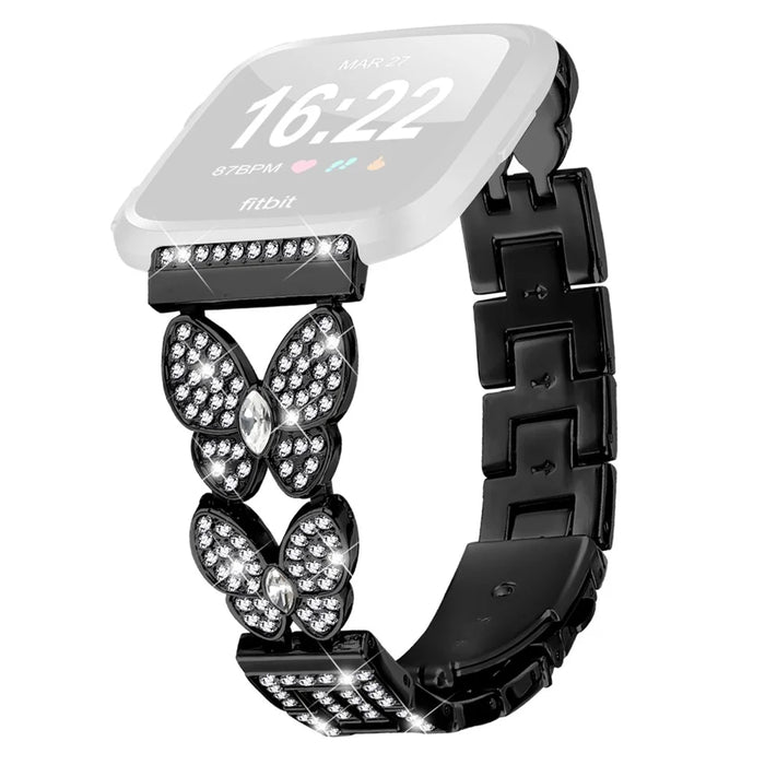 For Fitbit Versa / Versa 2 Watch Band Butterfly Rhinestones Decor Alloy Metal Strap - Black - 1