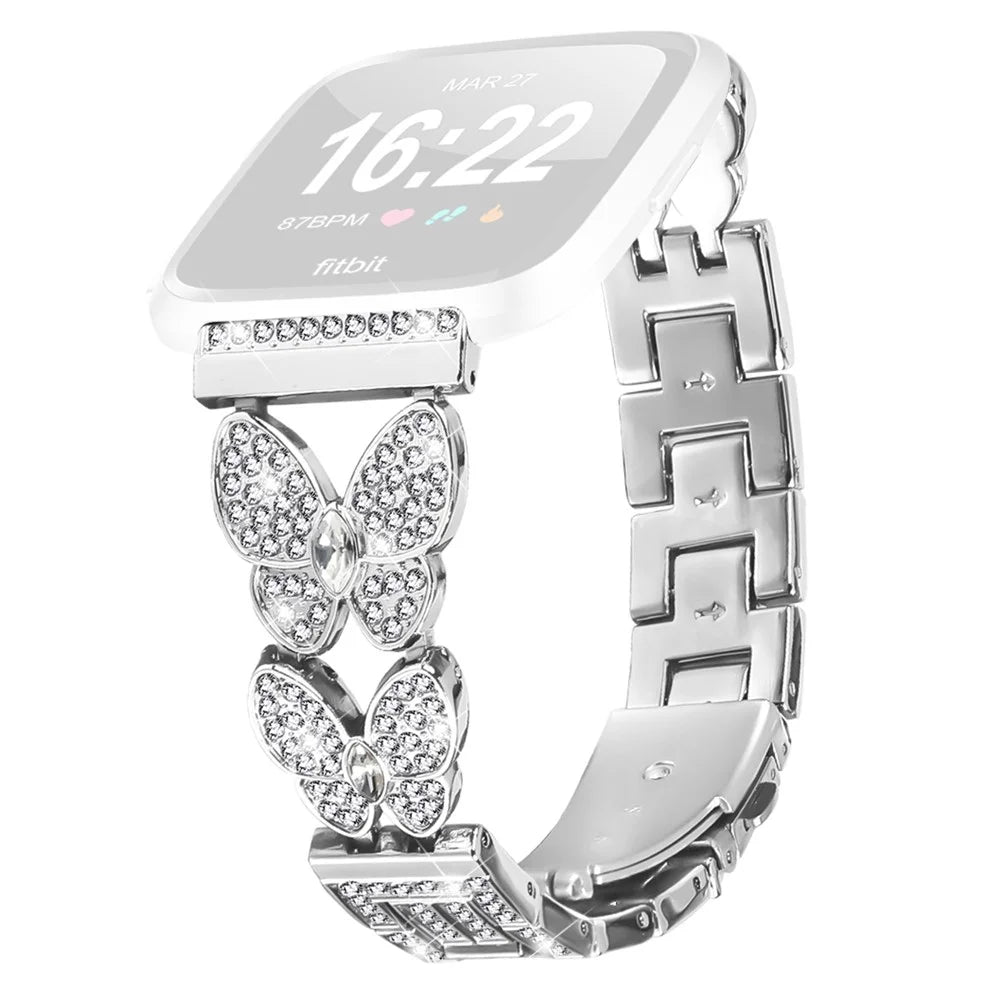 For Fitbit Versa Lite Watch Band Butterfly Rhinestones Decor Silver Alloy Metal Strap - 1