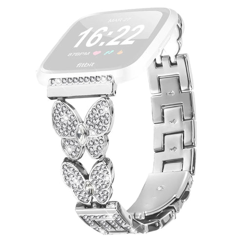 For Fitbit Versa Lite Watch Band Butterfly Rhinestones Decor Silver Alloy Metal Strap - 1