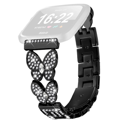 For Fitbit Versa Lite Watch Band Butterfly Rhinestones Decor Alloy Metal Strap - Black - 1