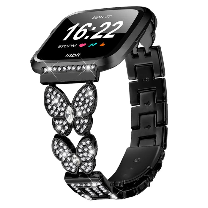 For Fitbit Versa Lite Watch Band Butterfly Rhinestones Decor Alloy Metal Strap - Black - 2