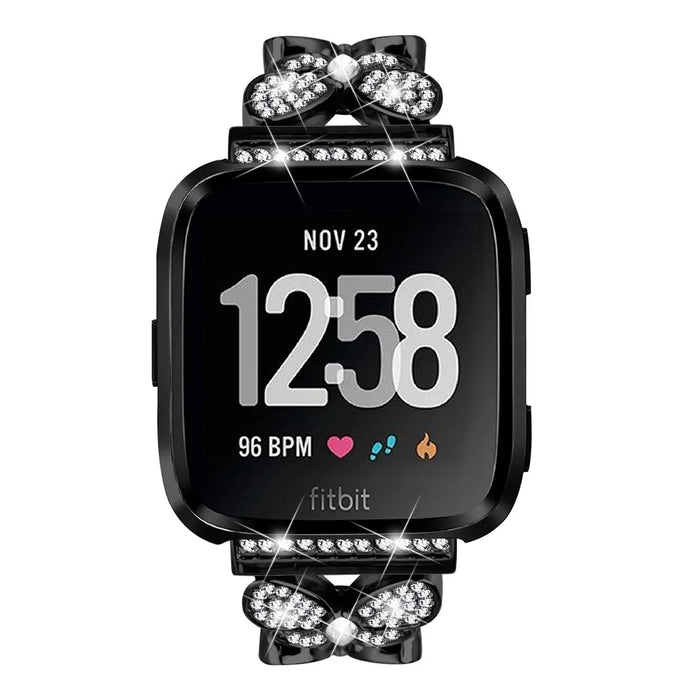 For Fitbit Versa Lite Watch Band Butterfly Rhinestones Decor Alloy Metal Strap - Black - 3