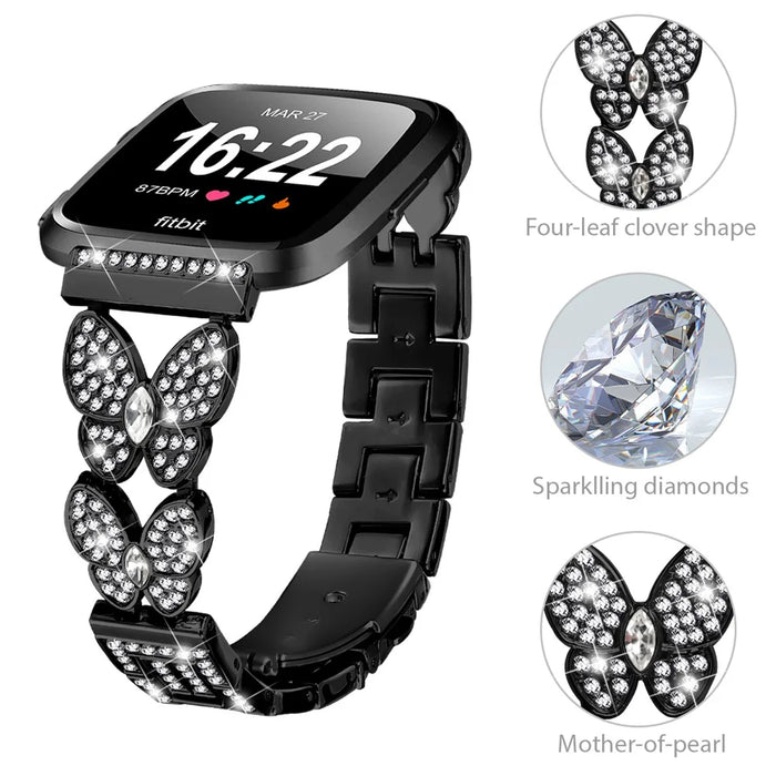 For Fitbit Versa Lite Watch Band Butterfly Rhinestones Decor Alloy Metal Strap - Black - 4