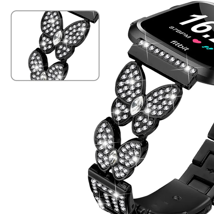 For Fitbit Versa Lite Watch Band Butterfly Rhinestones Decor Alloy Metal Strap - Black - 5