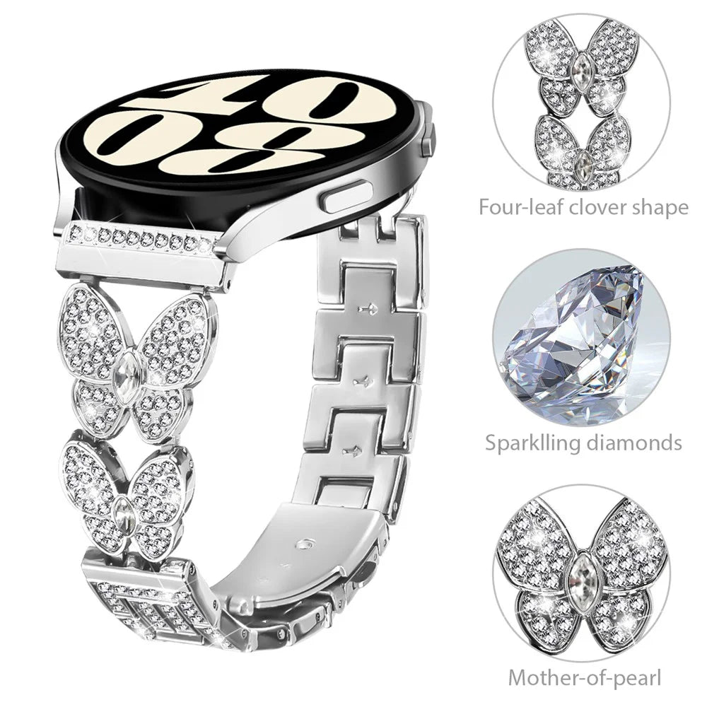 For Samsung Galaxy Watch 46mm Band Butterfly Rhinestones Decor Silver Alloy Metal Watch Strap - 4