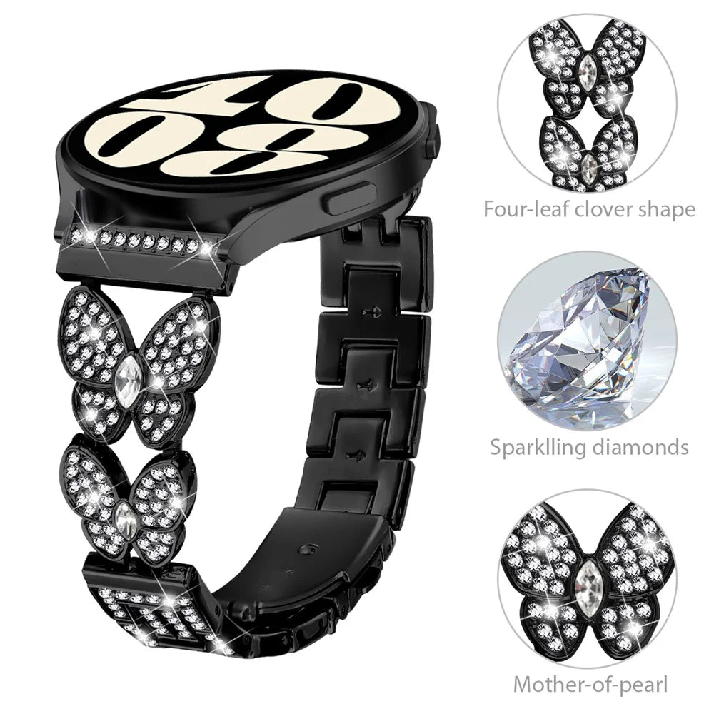 For Samsung Galaxy Watch 46mm Band Butterfly Rhinestones Decor Alloy Metal Watch Strap - Black - 4