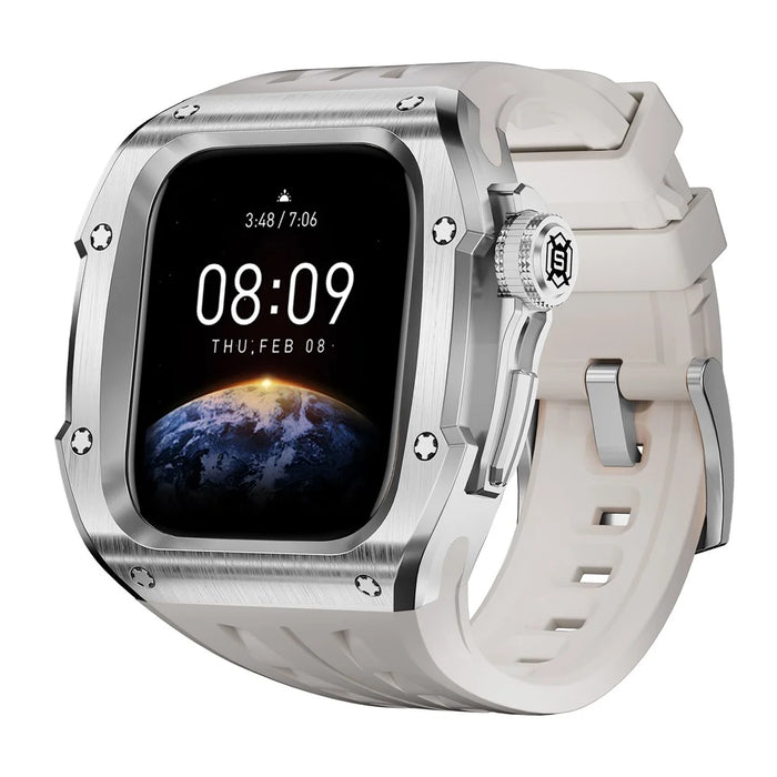 SHELLBOX For Apple Watch Series 10 46mm Metal Anti Drop Modification Watch Case with Band - Steel Color+White - 1