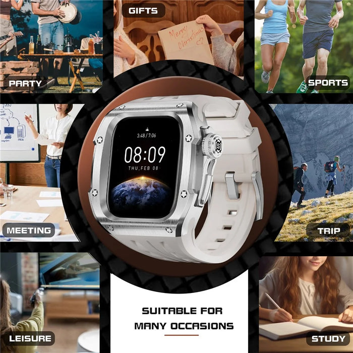 SHELLBOX For Apple Watch Series 10 46mm Metal Anti Drop Modification Watch Case with Band - Steel Color+White - 4