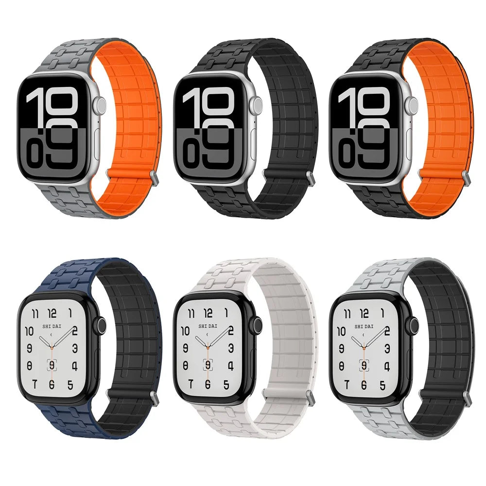 Silicone Watch Strap for Apple Watch Ultra 3 2 1 49mm / Series 11 10 46mm / 9 8 7 45mm / SE3 SE2 SE 6 5 4 44mm / 3 2 1 42mm Magnetic Aluminum Buckle Band - Black+Orange - 6