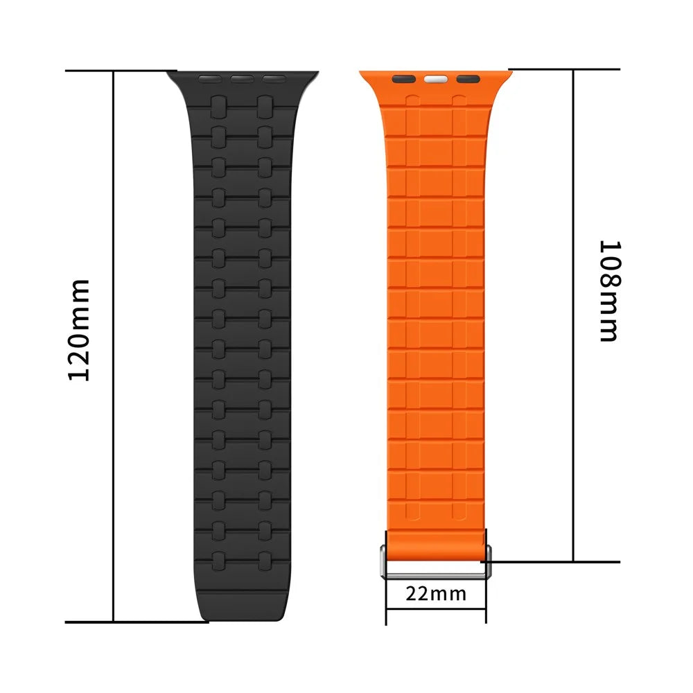Silicone Watch Strap for Apple Watch Ultra 3 2 1 49mm / Series 11 10 46mm / 9 8 7 45mm / SE3 SE2 SE 6 5 4 44mm / 3 2 1 42mm Magnetic Aluminum Buckle Band - Black+Orange - 7