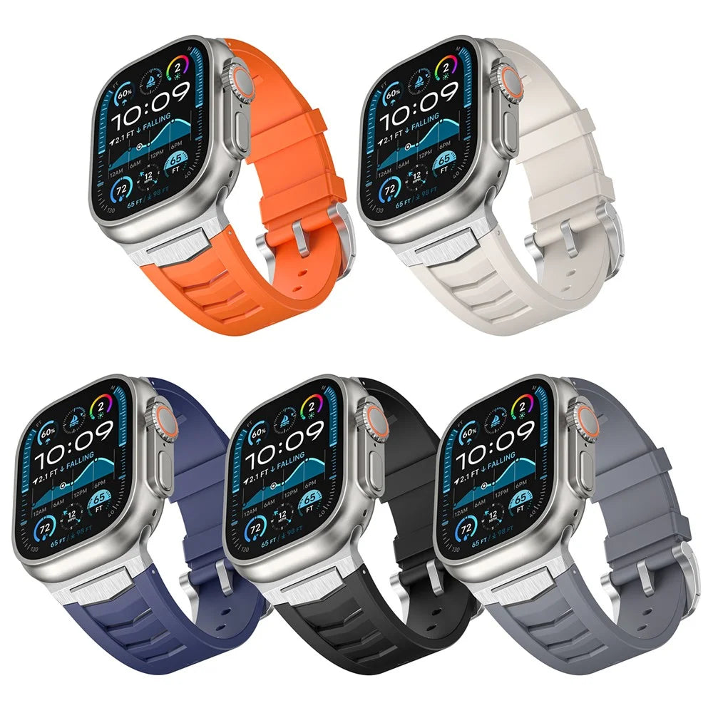 Fluorubber Watch Strap for Apple Watch Ultra 3 2 1 49mm / Series 11 10 46mm / 9 8 7 45mm / SE3 SE2 SE 6 5 4 44mm / 3 2 1 42mm Stainless Steel Buckle Band - Black - 4