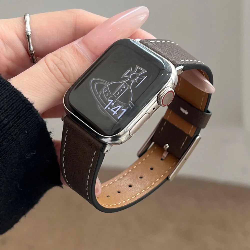 Leather Strap for Apple Watch Series 11 10 42mm / 9 8 7 41mm / SE3 SE2 SE 6 5 4 40mm / 3 2 1 38mm Tree Texture Watch Band - Blackish Green - 4