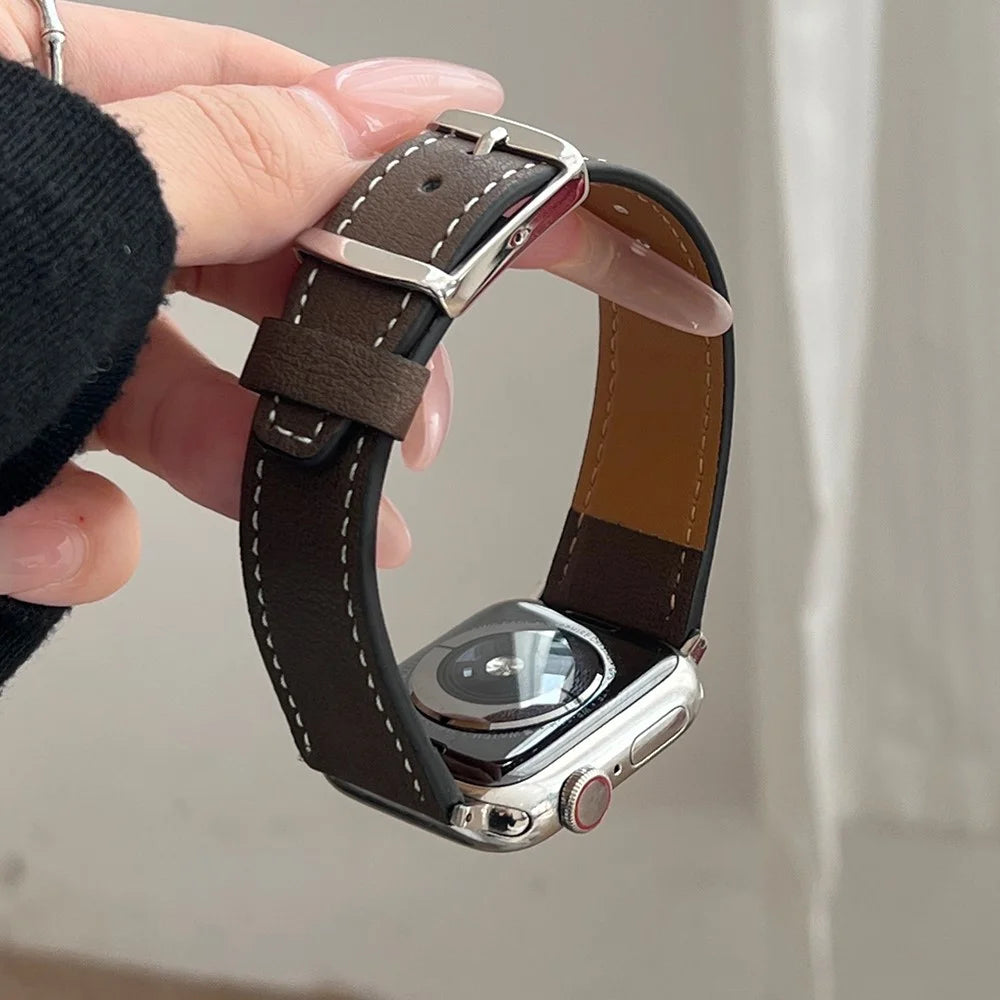 Leather Strap for Apple Watch Series 11 10 42mm / 9 8 7 41mm / SE3 SE2 SE 6 5 4 40mm / 3 2 1 38mm Tree Texture Watch Band - Blackish Green - 5