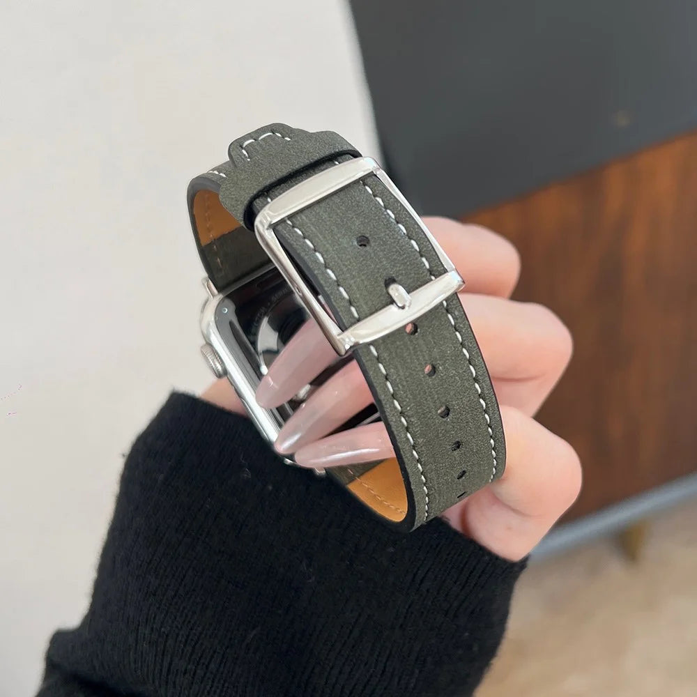 Leather Strap for Apple Watch Series 11 10 42mm / 9 8 7 41mm / SE3 SE2 SE 6 5 4 40mm / 3 2 1 38mm Tree Texture Watch Band - Blackish Green - 6