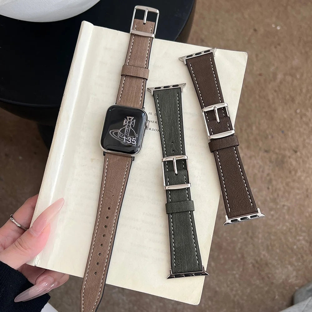 Leather Strap for Apple Watch Ultra 3 2 1 49mm / Series 11 10 46mm / 9 8 7 45mm / SE3 SE2 SE 6 5 4 44mm / 3 2 1 42mm Tree Texture Watch Band - Light Coffee - 7