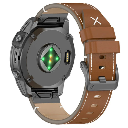22mm Watch Band For Garmin Fenix 8 47mm  /  7  /  6  /  5 Quick Release Genuine Leather Watch Strap - Brown  /  Black Buckle - 1
