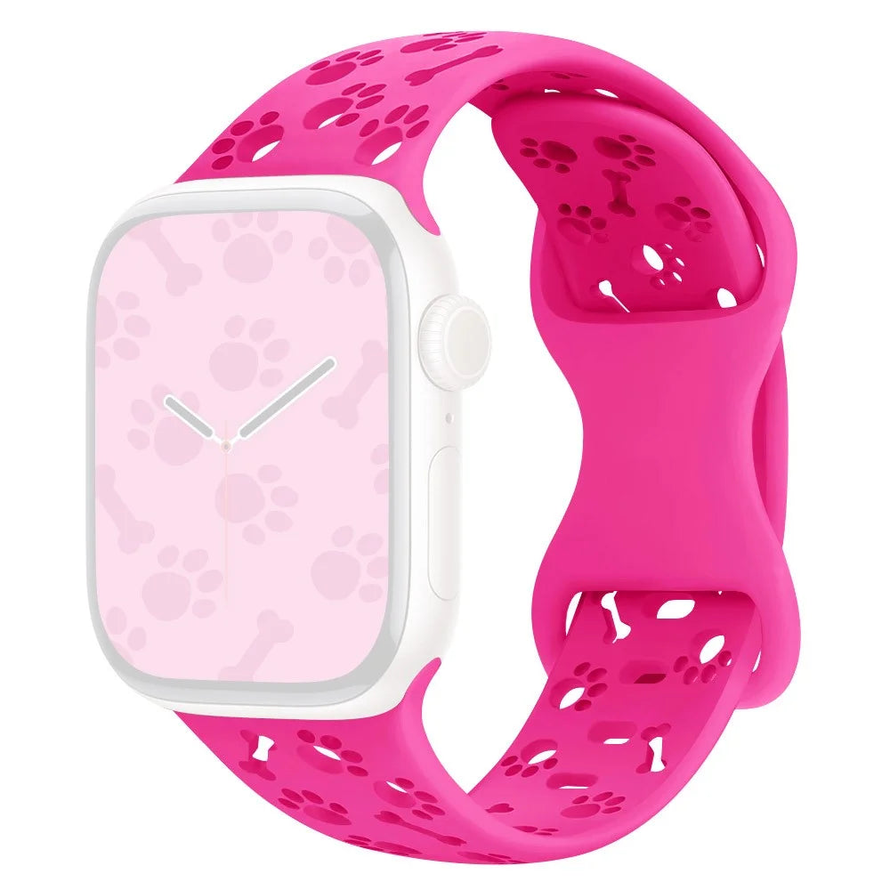 Silicone Band For Apple Watch Ultra 3 2 1 49mm / Series 11 10 46mm / 9 8 7 45mm / SE3 SE2 SE 6 5 4 44mm / 3 2 1 42mm Dog Paw Bone Design Watch Strap - Rose Pink - 1