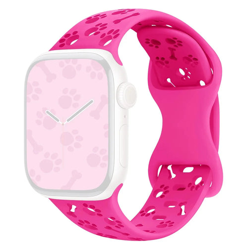 Silicone Band For Apple Watch Ultra 3 2 1 49mm / Series 11 10 46mm / 9 8 7 45mm / SE3 SE2 SE 6 5 4 44mm / 3 2 1 42mm Dog Paw Bone Design Watch Strap - Rose Pink - 1