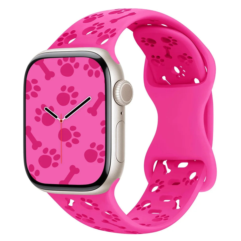 Silicone Band For Apple Watch Ultra 3 2 1 49mm / Series 11 10 46mm / 9 8 7 45mm / SE3 SE2 SE 6 5 4 44mm / 3 2 1 42mm Dog Paw Bone Design Watch Strap - Rose Pink - 2