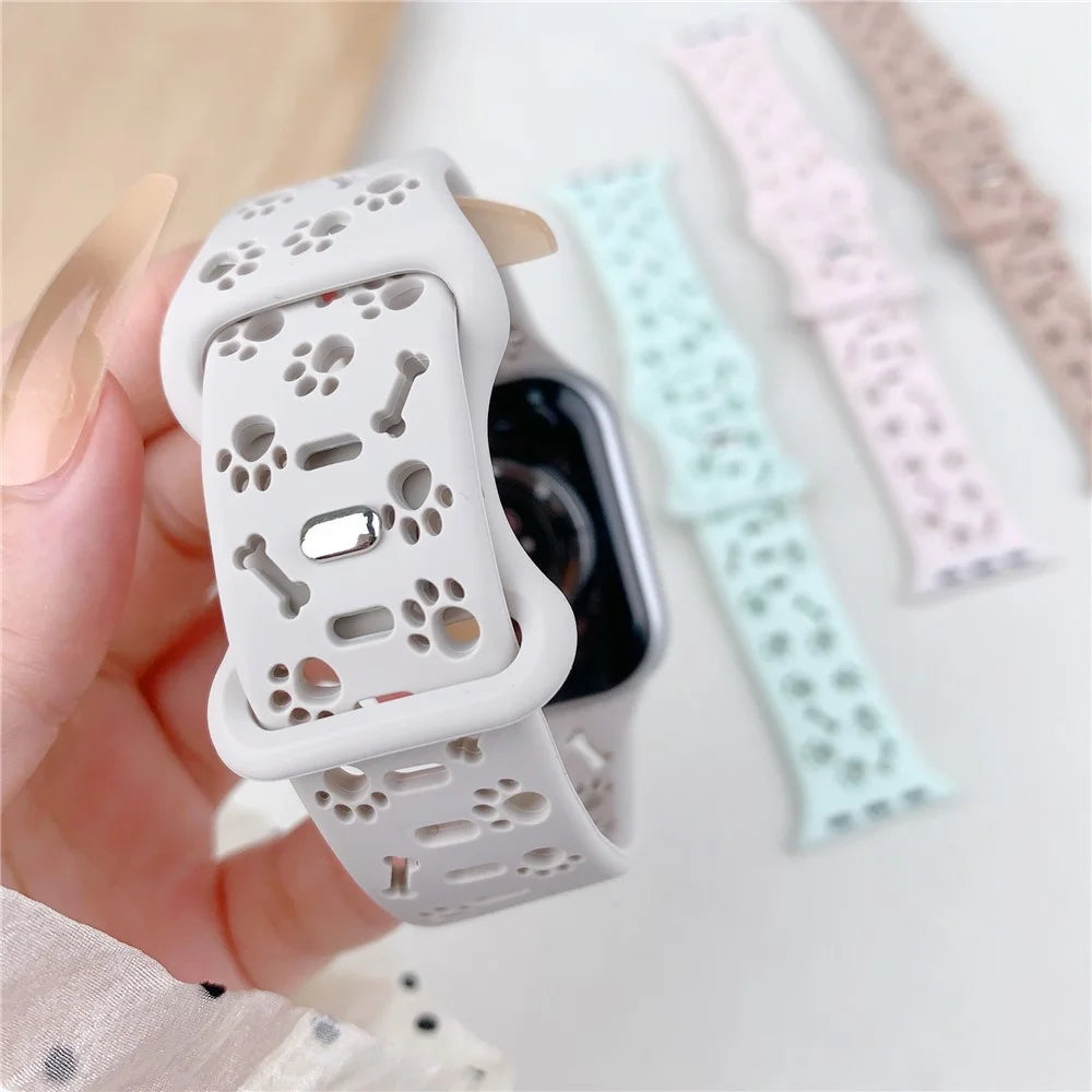 Silicone Band For Apple Watch Ultra 3 2 1 49mm / Series 11 10 46mm / 9 8 7 45mm / SE3 SE2 SE 6 5 4 44mm / 3 2 1 42mm Dog Paw Bone Design Watch Strap - Rose Pink - 3