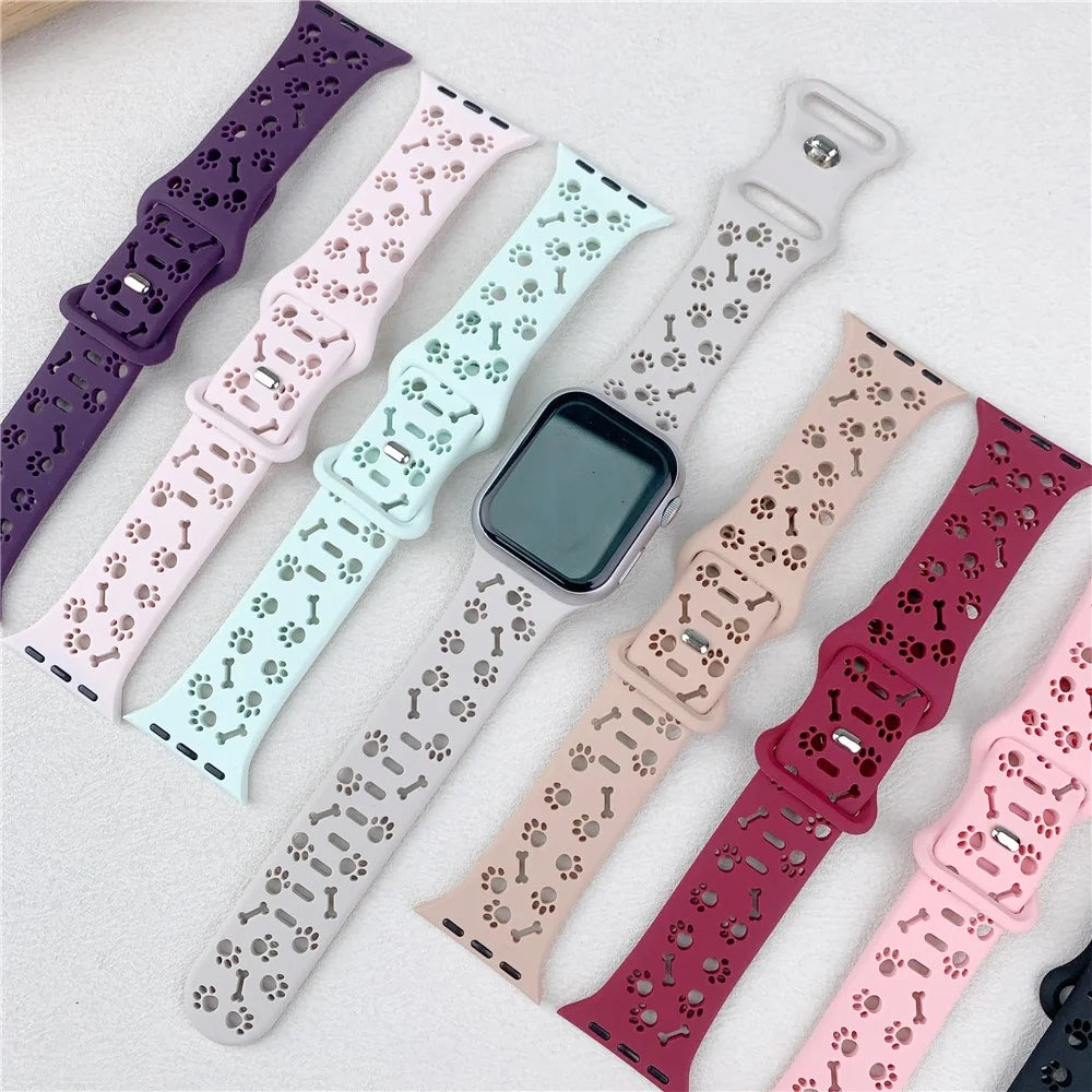 Silicone Band For Apple Watch Ultra 3 2 1 49mm / Series 11 10 46mm / 9 8 7 45mm / SE3 SE2 SE 6 5 4 44mm / 3 2 1 42mm Dog Paw Bone Design Watch Strap - Rose Pink - 4