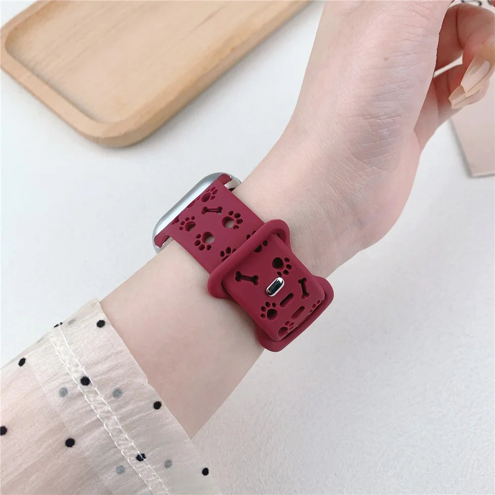 Silicone Band For Apple Watch Ultra 3 2 1 49mm / Series 11 10 46mm / 9 8 7 45mm / SE3 SE2 SE 6 5 4 44mm / 3 2 1 42mm Dog Paw Bone Design Watch Strap - Rose Pink - 5