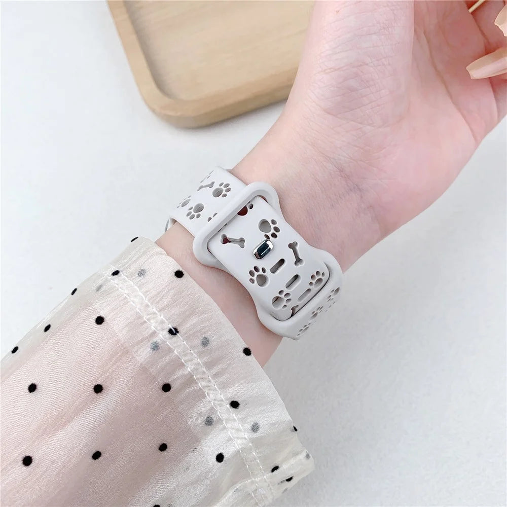 Silicone Band For Apple Watch Ultra 3 2 1 49mm / Series 11 10 46mm / 9 8 7 45mm / SE3 SE2 SE 6 5 4 44mm / 3 2 1 42mm Dog Paw Bone Design Watch Strap - Rose Pink - 6