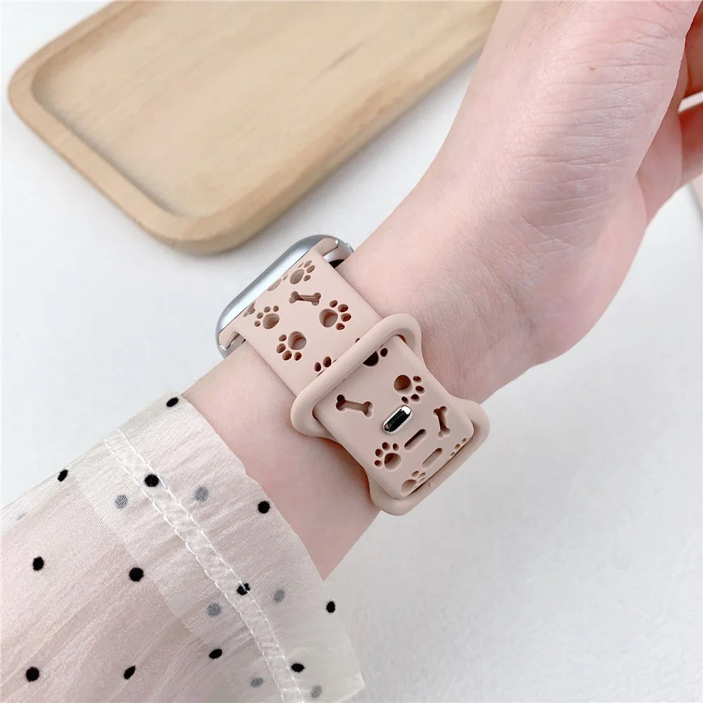 Silicone Band For Apple Watch Ultra 3 2 1 49mm / Series 11 10 46mm / 9 8 7 45mm / SE3 SE2 SE 6 5 4 44mm / 3 2 1 42mm Dog Paw Bone Design Watch Strap - Rose Pink - 7