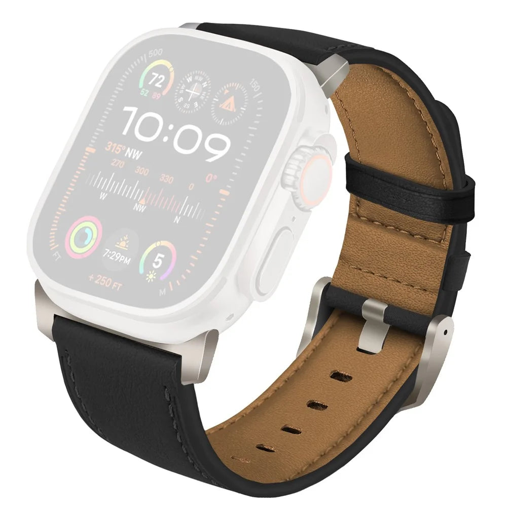 Watch Strap for Apple Watch Ultra 3 2 1 49mm / Series 11 10 46mm / 9 8 7 45mm / SE3 SE2 SE 6 5 4 44mm / 3 2 1 42mm Genuine Cow Leather Wrist Band - Black - 1