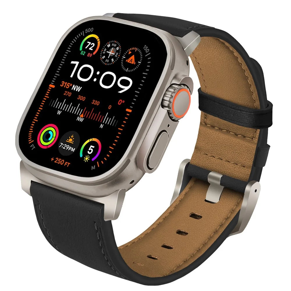 Watch Strap for Apple Watch Ultra 3 2 1 49mm / Series 11 10 46mm / 9 8 7 45mm / SE3 SE2 SE 6 5 4 44mm / 3 2 1 42mm Genuine Cow Leather Wrist Band - Black - 2