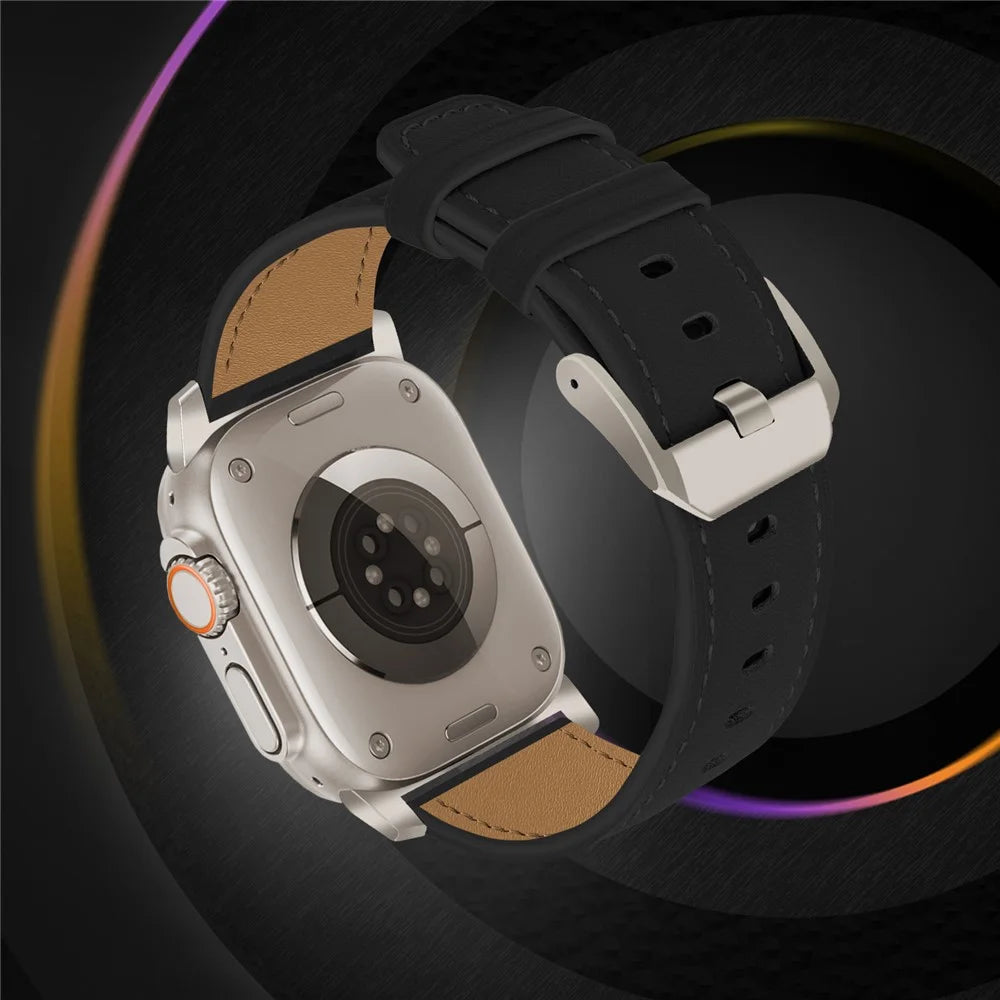 Watch Strap for Apple Watch Ultra 3 2 1 49mm / Series 11 10 46mm / 9 8 7 45mm / SE3 SE2 SE 6 5 4 44mm / 3 2 1 42mm Genuine Cow Leather Wrist Band - Black - 3