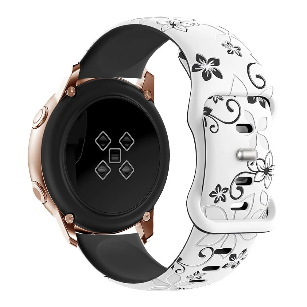 20mm Engraved Flower Silicone Strap For Samsung Galaxy Watch6 Classic 47mm  /  43mm  /  Watch6 44mm  /  40mm Dual Color Watch Band - White  /  Black - 1