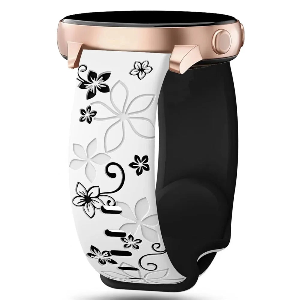 20mm Engraved Flower Silicone Strap For Samsung Galaxy Watch6 Classic 47mm  /  43mm  /  Watch6 44mm  /  40mm Dual Color Watch Band - White  /  Black - 2