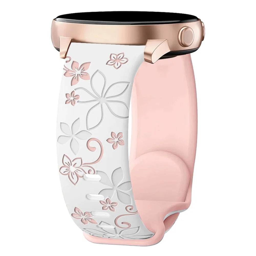 20mm Engraved Flower Silicone Strap for Samsung Galaxy Watch3 45mm / Huawei Watch GT 5 46mm / GT 5 Pro 46mm Dual Color Watch Band - White+Pink - 2